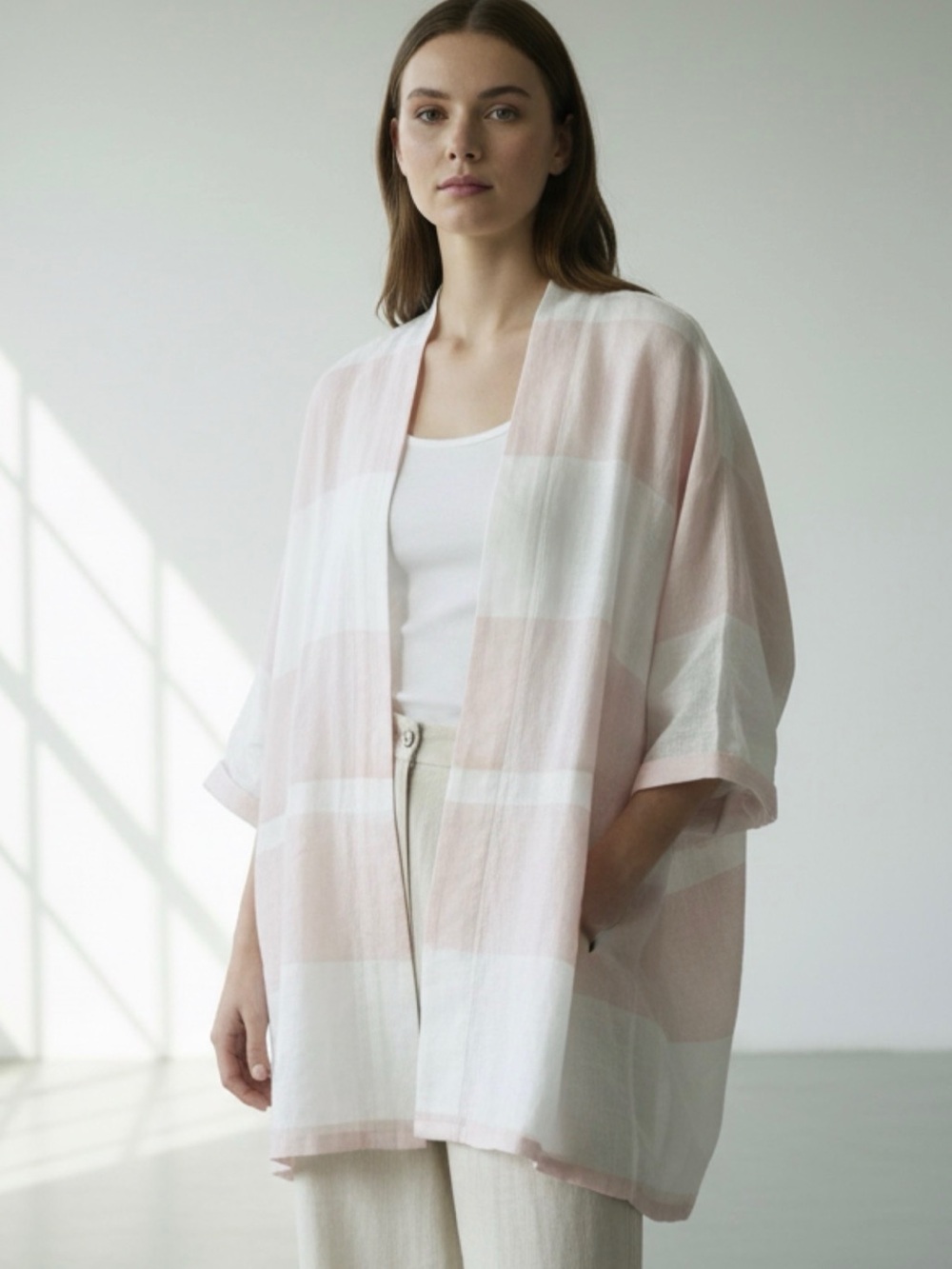 Made in Italy, 100% linen Light Pink & White Striped Open Kimono Jacket - Picture 2 of 9